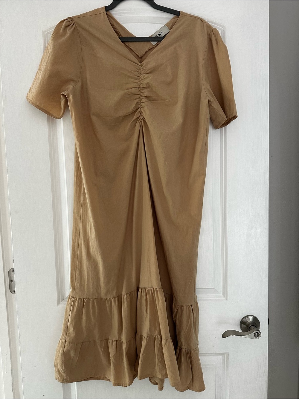 The NKC Store Women’s Ruched V-Neck Tiered Midi Dress in Tan, OS, Minimalist